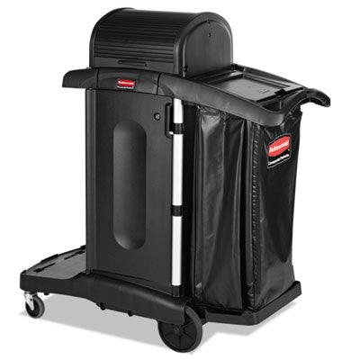 RUBBERMAID COMMERCIAL PROD. Executive High Security Janitorial Cleaning Cart, Plastic, 4 Shelves, 1 Bin, 23.1" x 39.6" x 27.5", Black - OrdermeInc