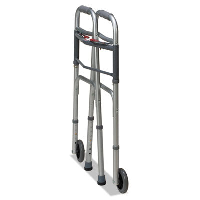 Two-Button Release Folding Walker with Wheels, Adjusts 32" to 38", 250 lb Capacity, Silver/Gray OrdermeInc OrdermeInc