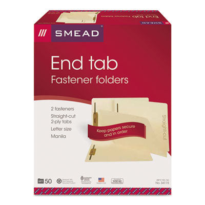 Smead™ End Tab Fastener Folders with Reinforced Straight Tabs, 11-pt Manila, 2 Fasteners, Letter Size, Manila Exterior, 50/Box OrdermeInc OrdermeInc