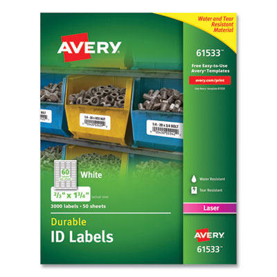 AVERY PRODUCTS CORPORATION Durable Permanent ID Labels with TrueBlock Technology, Laser Printers, 0.66 x 1.75, White, 60/Sheet, 50 Sheets/Pack