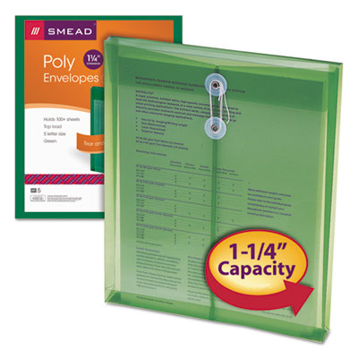 Smead™ Poly String and Button Interoffice Envelopes, Open-End (Vertical), 9.75 x 11.63, Transparent Green, 5/Pack - OrdermeInc