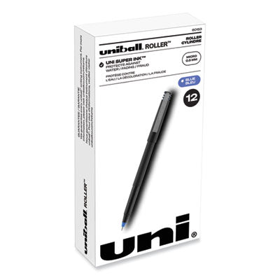 uniball® Roller Ball Pen, Stick, Extra-Fine 0.5 mm, Blue Ink, Black/Blue Barrel, Dozen OrdermeInc OrdermeInc