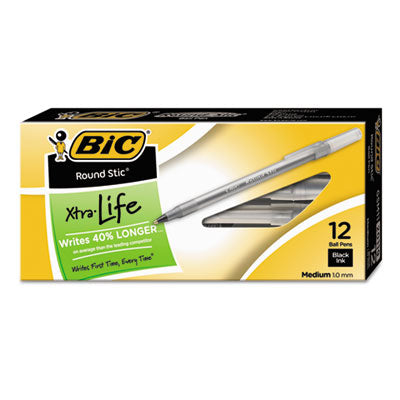 BIC CORP. Round Stic Xtra Life Ballpoint Pen, Stick, Medium 1 mm, Black Ink, Translucent Black Barrel, Dozen