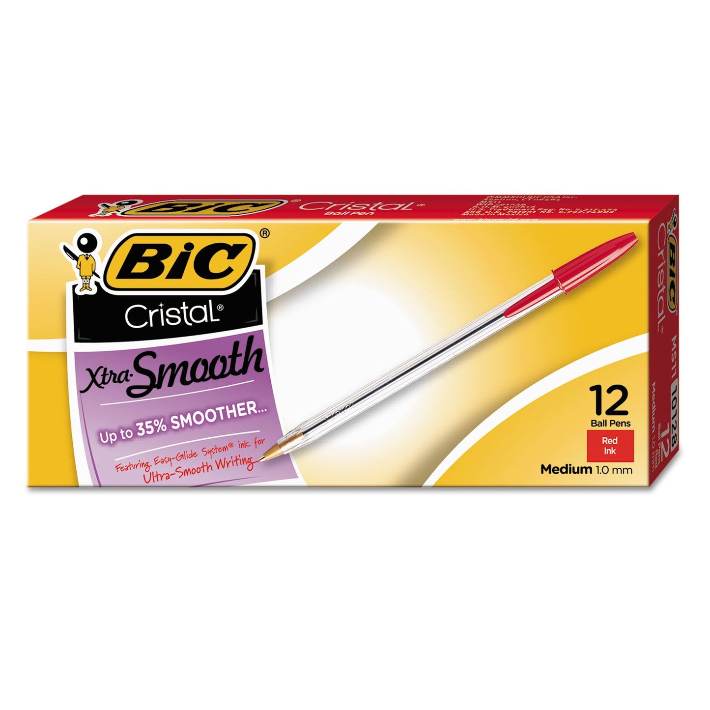 BIC CORP. Cristal Xtra Smooth Ballpoint Pen, Stick, Medium 1 mm, Red Ink, Clear Barrel, Dozen