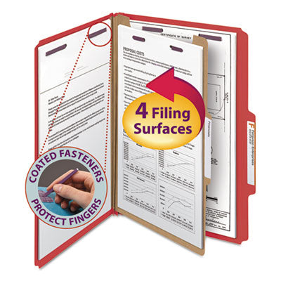 Smead™ Four-Section Pressboard Top Tab Classification Folders, Four SafeSHIELD Fasteners, 1 Divider, Legal Size, Bright Red, 10/Box OrdermeInc OrdermeInc