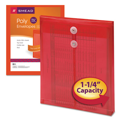 Smead™ Poly String and Button Interoffice Envelopes, Open-End (Vertical), 9.75 x 11.63, Transparent Red, 5/Pack - OrdermeInc