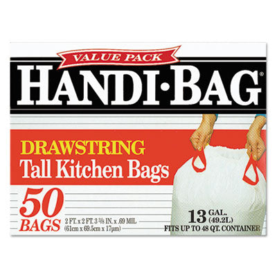 Drawstring Kitchen Bags, 13 gal, 0.6 mil, 24" x 27.38", White, 50/Box OrdermeInc OrdermeInc