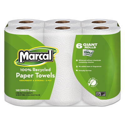 100% Premium Recycled Kitchen Roll Towels, 2-Ply, 11 x 5.5, White, 140/Roll, 6 Rolls/Pack - OrdermeInc