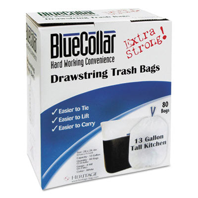 Drawstring Trash Bags, 13 gal, 0.8 mil, 24" x 28", White, 80 Bags/Box, 6 Boxes/Carton OrdermeInc OrdermeInc