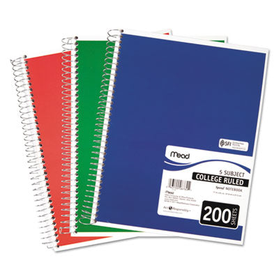 MEAD PRODUCTS Spiral Notebook, 5-Subject, Medium/College Rule, Randomly Assorted Cover Color, (200) 11 x 8 Sheets