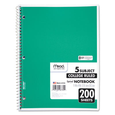 MEAD PRODUCTS Spiral Notebook, 5-Subject, Medium/College Rule, Randomly Assorted Cover Color, (200) 11 x 8 Sheets