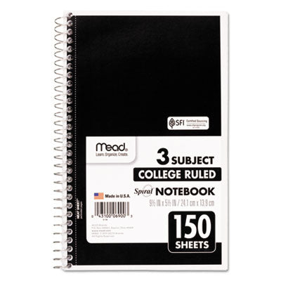 MEAD PRODUCTS Spiral Notebook, 3-Subject, Medium/College Rule, Randomly Assorted Cover Color, (150) 9.5 x 5.5 Sheets