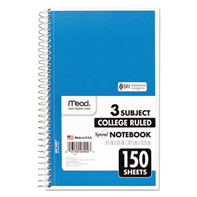 MEAD PRODUCTS Spiral Notebook, 3-Subject, Medium/College Rule, Randomly Assorted Cover Color, (150) 9.5 x 5.5 Sheets