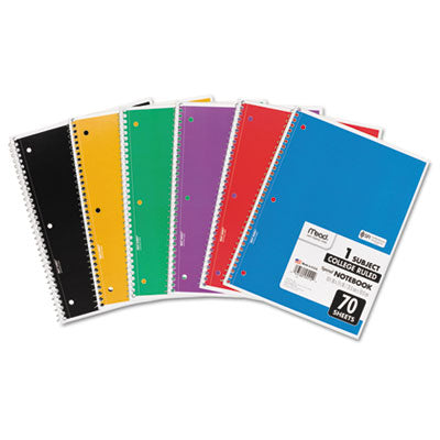 MEAD PRODUCTS Spiral Notebook, 3-Hole Punched, 1-Subject, Medium/College Rule, Randomly Assorted Cover Color, (70) 10.5 x 7.5 Sheets