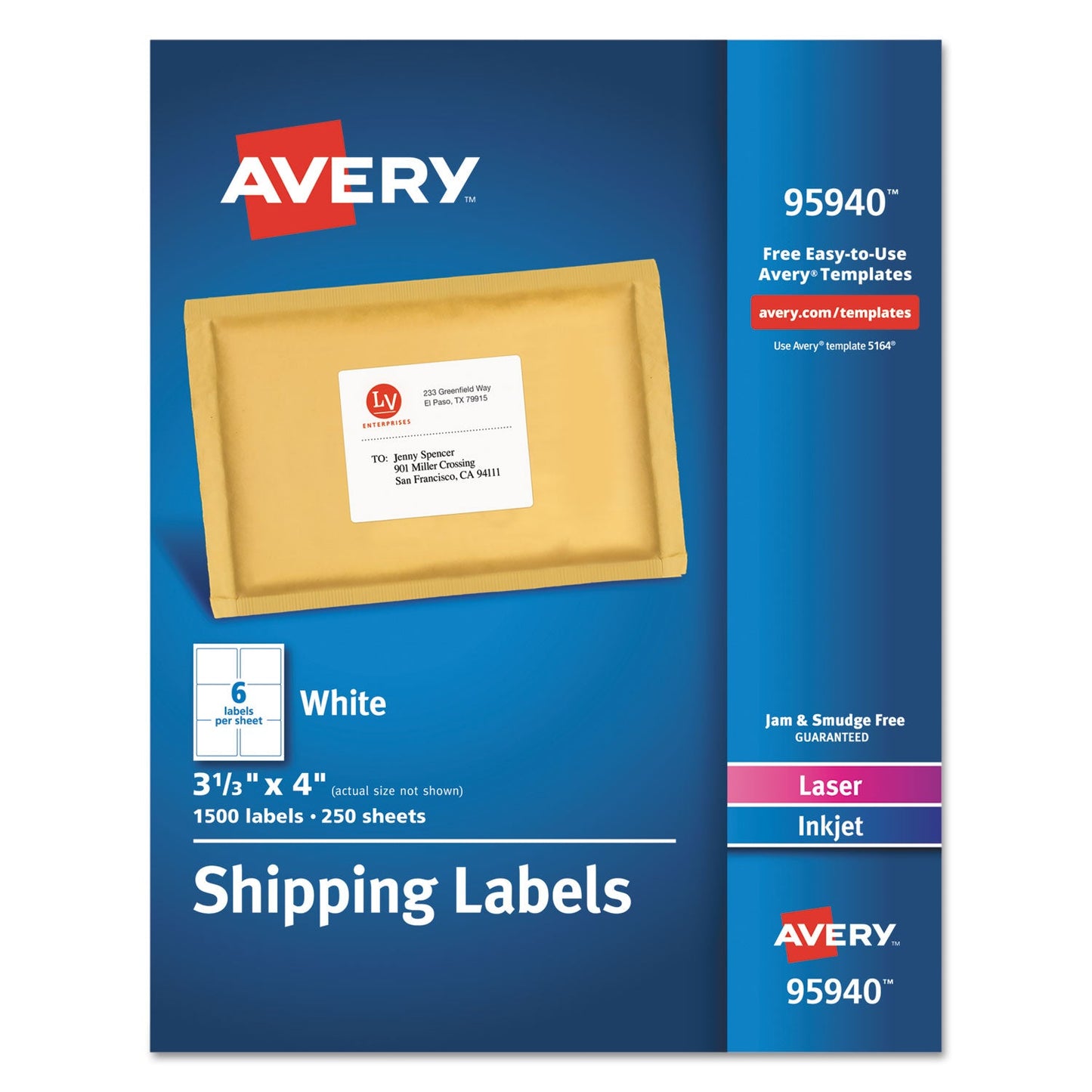 AVERY PRODUCTS CORPORATION White Shipping Labels-Bulk Packs, Inkjet/Laser Printers, 3.33 x 4, White, 6/Sheet, 250 Sheets/Box