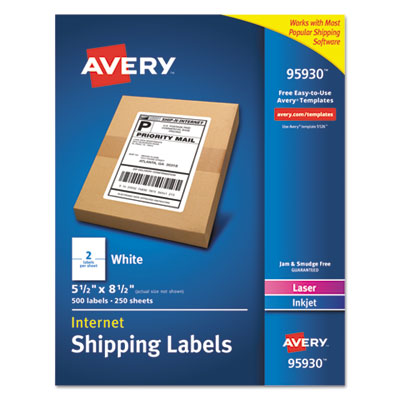 AVERY PRODUCTS CORPORATION White Shipping Labels-Bulk Packs, Inkjet/Laser Printers, 5.5 x 8.5, White, 2/Sheet, 250 Sheets/Box