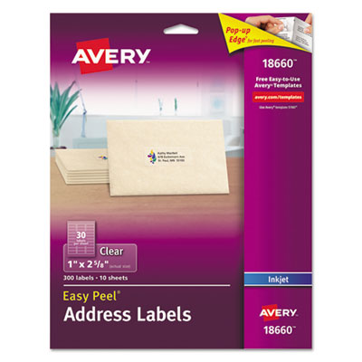 AVERY PRODUCTS CORPORATION Matte Clear Easy Peel Mailing Labels w/ Sure Feed Technology, Inkjet Printers, 1 x 2.63, Clear, 30/Sheet, 10 Sheets/Pack