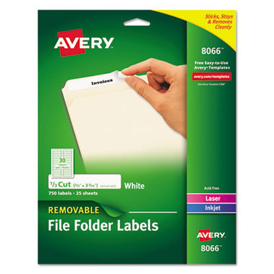 AVERY PRODUCTS CORPORATION Removable File Folder Labels with Sure Feed Technology, 0.66 x 3.44, White, 30/Sheet, 25 Sheets/Pack