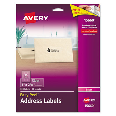 AVERY PRODUCTS CORPORATION Matte Clear Easy Peel Mailing Labels w/ Sure Feed Technology, Laser Printers, 1 x 2.63, Clear, 30/Sheet, 10 Sheets/Pack