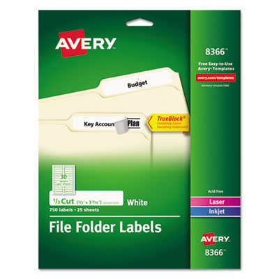 AVERY PRODUCTS CORPORATION Permanent TrueBlock File Folder Labels with Sure Feed Technology, 0.66 x 3.44, White, 30/Sheet, 25 Sheets/Pack