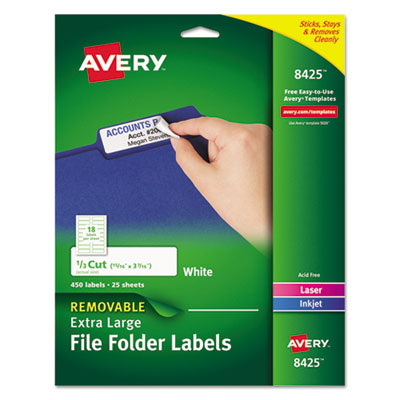 AVERY PRODUCTS CORPORATION Removable File Folder Labels with Sure Feed Technology, 0.94 x 3.44, White, 18/Sheet, 25 Sheets/Pack