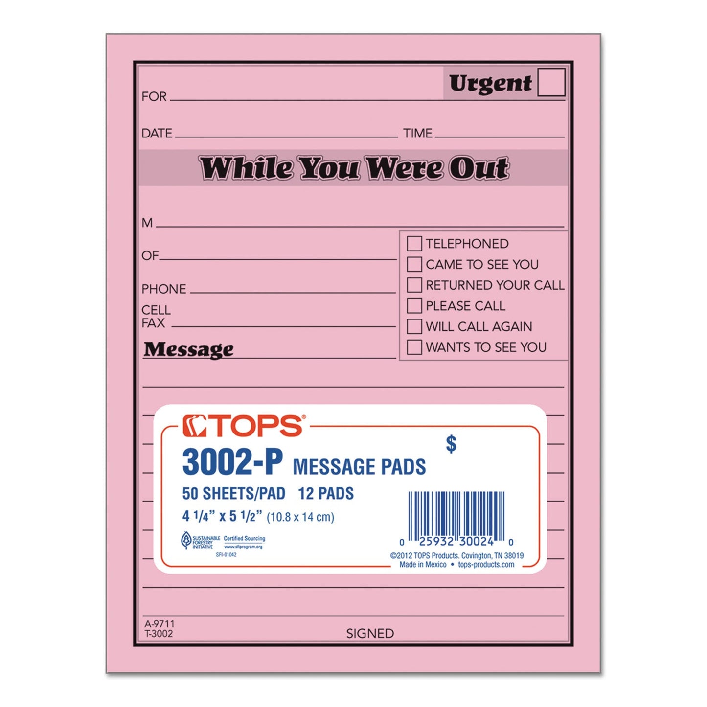 TOPS BUSINESS FORMS Pink Message Pad, One-Part (No Copies), 4.25 x 5.5, 50 Forms/Pad, 12 Pads/Pack