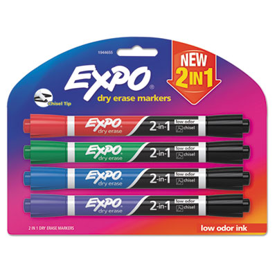 2-in-1 Dry Erase Markers, Fine/Broad Chisel Tips, Assorted Primary Colors, 4/Pack OrdermeInc OrdermeInc