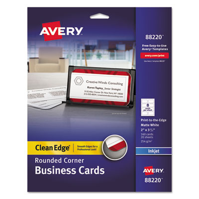 AVERY PRODUCTS CORPORATION Round Corner Print-to-the-Edge Business Cards, Inkjet, 2 x 3.5, White, 160 Cards, 8 Cards/Sheet, 20 Sheets/Pack