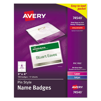 AVERY PRODUCTS CORPORATION Pin-Style Badge Holder with Laser/Inkjet Insert, Top Load, 4 x 3, White, 100/Box