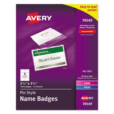 AVERY PRODUCTS CORPORATION Pin-Style Badge Holder with Laser/Inkjet Insert, Top Load, 3.5 x 2.25, White, 100/Box