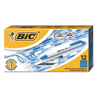 BIC CORP. Clic Stic Ballpoint Pen, Retractable, Medium 1 mm, Blue Ink, White Barrel, Dozen