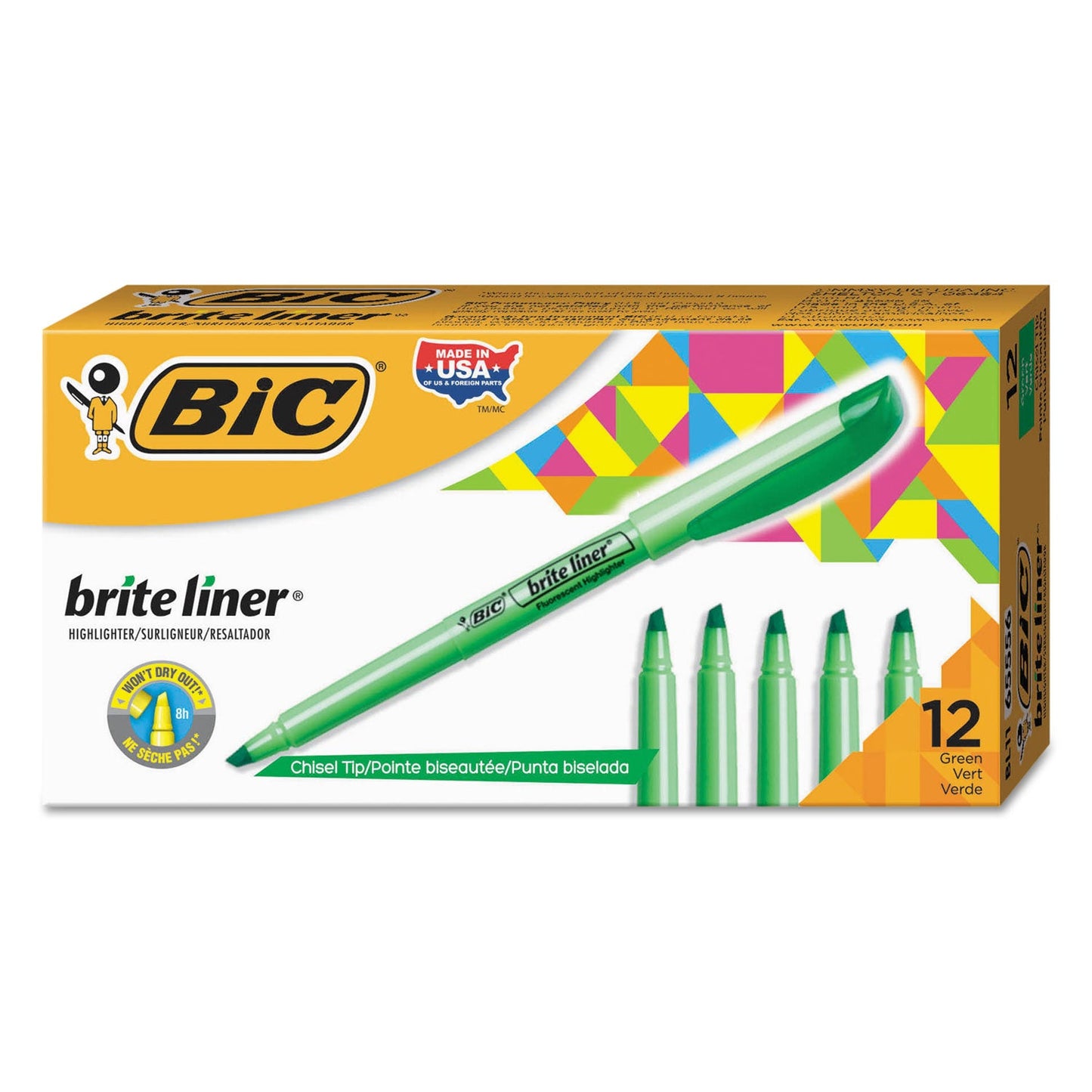 BIC CORP. Brite Liner Highlighter, Fluorescent Green Ink, Chisel Tip, Green/Black Barrel, Dozen