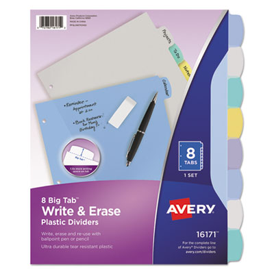 AVERY PRODUCTS CORPORATION Write and Erase Big Tab Durable Plastic Dividers, 3-Hole Punched, 8-Tab, 11 x 8.5, Assorted, 1 Set