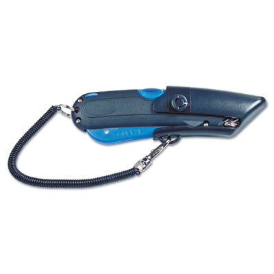 CONSOLIDATED STAMP Easycut Self-Retracting Cutter with Safety-Tip Blade, Holster and Lanyard, 6" Plastic Handle, Black/Blue