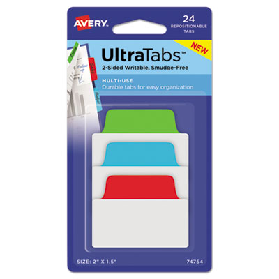 Ultra Tabs Repositionable Tabs, Standard: 2" x 1.5", 1/5-Cut, Assorted Colors (Blue, Green and Red), 24/Pack OrdermeInc OrdermeInc