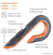 SLICE, INC. Box Cutters, Double Sided, Replaceable, 1.29" Carbon Steel Blade, 7" Nylon Handle, Gray/Orange - OrdermeInc