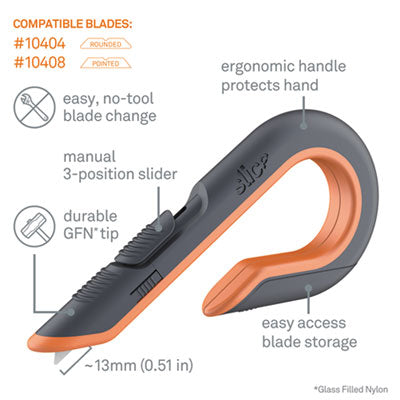 SLICE, INC. Box Cutters, Double Sided, Replaceable, 1.29" Carbon Steel Blade, 7" Nylon Handle, Gray/Orange - OrdermeInc