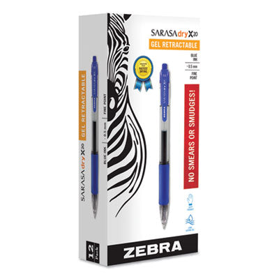 Zebra® Sarasa Dry Gel X20 Gel Pen, Retractable, Fine 0.5 mm, Blue Ink, Clear/Blue Barrel, 12/Pack OrdermeInc OrdermeInc