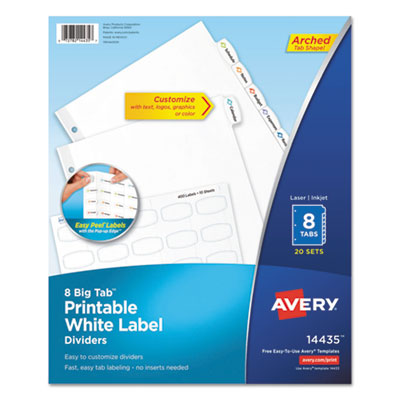 AVERY PRODUCTS CORPORATION Big Tab Printable White Label Tab Dividers, 8-Tab, 11 x 8.5, White, 20 Sets