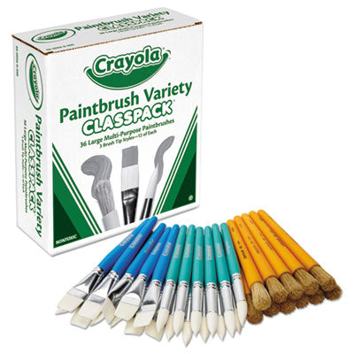 BINNEY & SMITH / CRAYOLA Large Variety Paint Brush Classpack, Natural; Nylon Bristles, Flat; Round Profiles, 36/Set