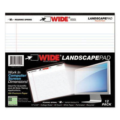 WIDE Landscape Format Writing Pad, Unpunched with Standard Back, Medium/College Rule, 40 White 11 x 9.5 Sheets OrdermeInc OrdermeInc