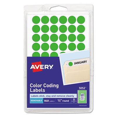 Handwrite Only Self-Adhesive Removable Round Color-Coding Labels, 0.5" dia, Neon Green, 60/Sheet, 14 Sheets/Pack, (5052) - OrdermeInc