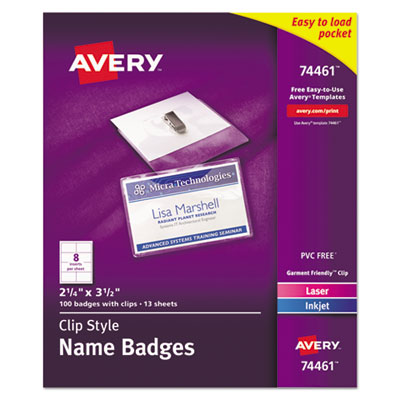 AVERY PRODUCTS CORPORATION Clip-Style Badge Holder with Laser/Inkjet Insert, Top Load, 3.5 x 2.25, White, 100/Box