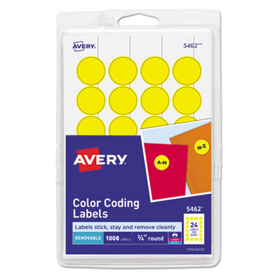AVERY PRODUCTS CORPORATION Printable Self-Adhesive Removable Color-Coding Labels, 0.75" dia, Yellow, 24/Sheet, 42 Sheets/Pack, (5462)