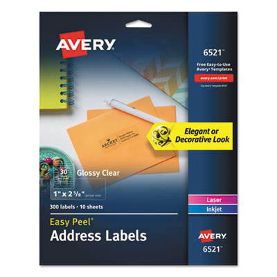Avery® Glossy Clear Easy Peel Mailing Labels w/ Sure Feed Technology, Inkjet/Laser Printers, 1 x 2.63, 30/Sheet, 10 Sheets/Pack OrdermeInc OrdermeInc