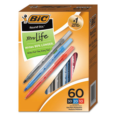 BIC CORP. Round Stic Xtra Precision Ballpoint Pen Value Pack, Stick, Medium 1 mm, Assorted Ink and Barrel Colors, 60/Pack