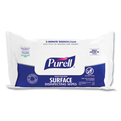 PURELL® Healthcare Surface Disinfecting Wipes, 1-Ply, 7" x 10", Unscented, White, 72/Pack - OrdermeInc