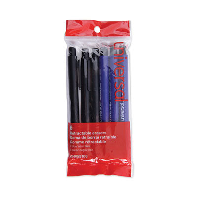 Universal® Pen-Style Retractable Eraser, For Pencil Marks, White Eraser, Assorted Barrel Colors, 6/Pack - OrdermeInc