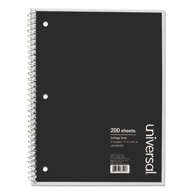 Universal® Wirebound Notebook, 5-Subject, Medium/College Rule, Black Cover, (200) 11 x 8.5 Sheets - OrdermeInc