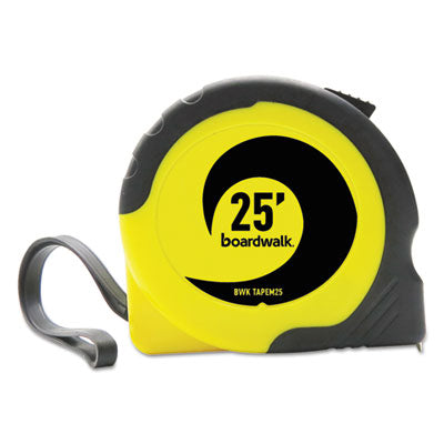 Boardwalk® Easy Grip Tape Measure, 25 ft, Plastic Case, Black and Yellow, 1/16" Graduations - OrdermeInc